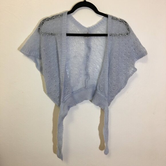 Vintage 50s 60s Wispy Blue Pastel Cropped Tie Front Sweater Dainty Cardigan (IB) - Picture 3 of 9